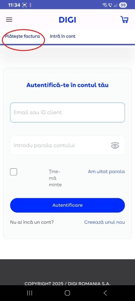 Plata factura Digi din aplicație sau cont Digi